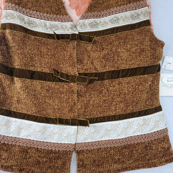 90s Susan Bristol Brocade Vest Small Ornate Orange Brown Woven Back Vintage New - Picture 2 of 11